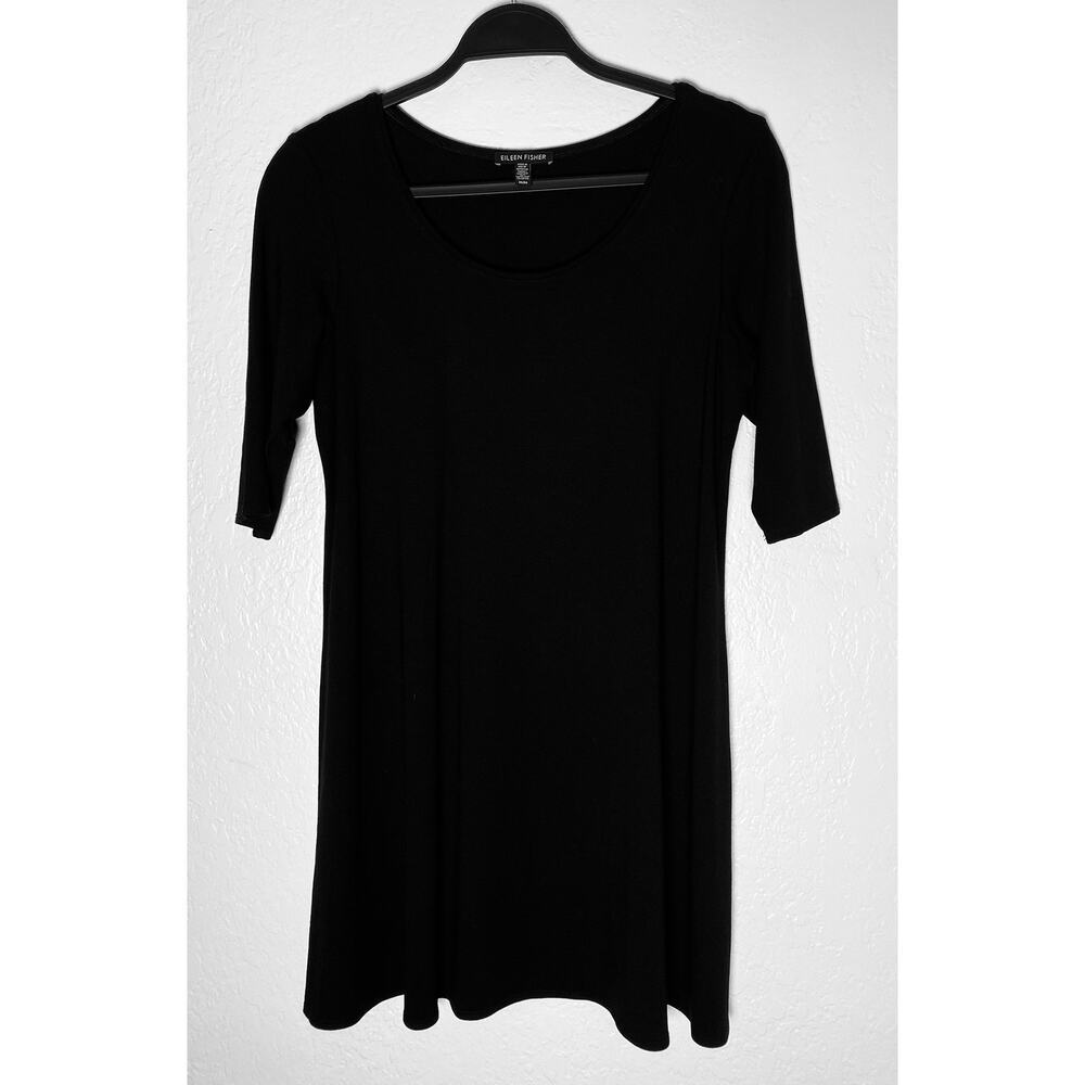 Eileen Fisher Women's Scoop Neck Black Tunic Shift Mini Dress Stretch Minimalist